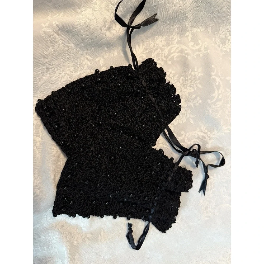 Lot Of 2 Black Crochet Lace Beaded Knit Drawstring Jewelry‎ Holder Bag Pouch